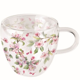 Cană sticlă perete dublu Spring blossom white