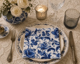 Șervețel decorativ mare de masă Delft Blue florals