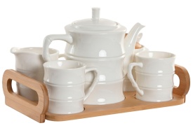 Set cafea/ceai din porțelan cu ceainic, cești și suport din bambus