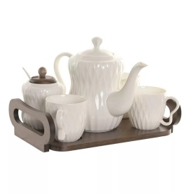 Set cafea elegantă din porțelan cu ceainic, zaharniță și tavă din bambus