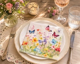 Șervețel decorativ mare de masă Butterflies in field white