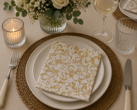 Șervețel decorativ mare de masă Elegance Damask White/Gold