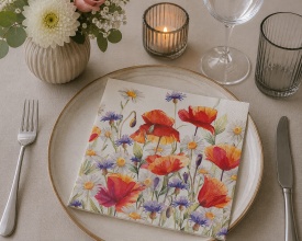 Șervețel decorativ mare de masă Poppies & Cornflowers White