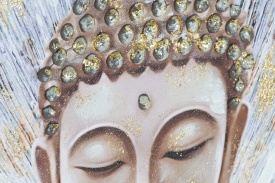 Tablou decorativ pictat manual Buddha în nuanțe aurii - Img 3
