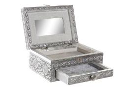 Cutie elegantă pentru bijuterii argintie cu sertar și oglindă cu interior catifelat