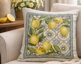 Față de pernă decorativă din goblen spaniol cu lămâi și motive mediteraneene