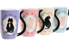 Cană ceramică cu model pisici design vesel, mâner decorativ coadă pisică