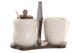 Set zaharniță cu linguriță și lăptieră design elegant din porțelan în relief cu suport din bambus