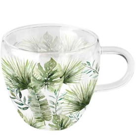 Cană sticlă perete dublu Jungle Leaves white