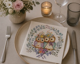 Șervețel decorativ mare de masă Owl Couple in Love