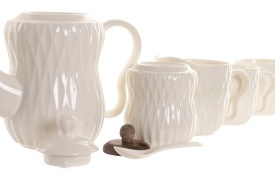 Set cafea elegantă din porțelan cu ceainic, zaharniță și tavă din bambus - Img 3