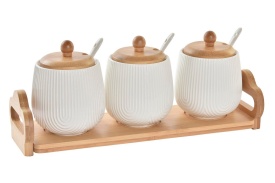 Set condimente din porțelan cu suport și capac din bambus elegant cu lingurițe