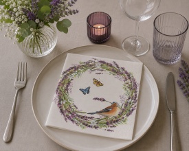 Șervețel decorativ mare de masă Chaffinch in a lavender wreath