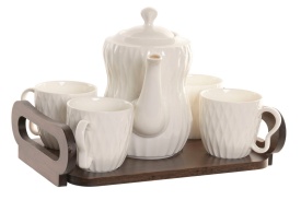 Set cafea/ceai elegant din porțelan în relief cu suport din bambus maro închis