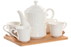 Set cafea din porțelan cu cafetieră, cești și suport elegant din bambus