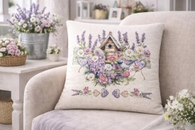 Față de pernă decorativă din goblen spaniol cu lavandă și căsuță pentru păsări