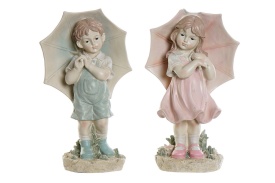 Figurine decorative cu umbrelă băiețel sau fetiță în decor romantic și delicat