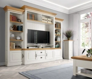 Biblioteca cu spatiu TV Stejar Harmony din lemn masiv si mdf, 326 x 38/48 x 220 cm