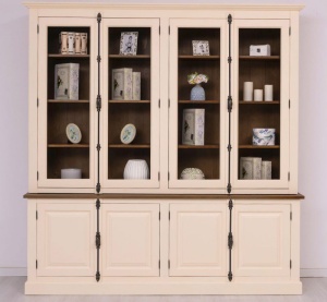 Biblioteca lemn masiv Provance cu vitrine, inchidere tije metalice 223 cm