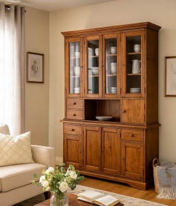 Bufet cu vitrina Artisan finisaj nuc antichizat, lemn masiv tei, 156 cm