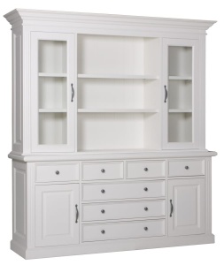 Bufet cu vitrina Harmony lemn masiv alb cu 4 usi si 7 sertare, 198 cm