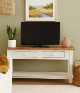 Comoda TV Artisan cu 2 sertare, alb +natur antichizat, lemn masiv tei