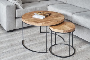 Set de 2 masute de cafea Delphi, lemn masiv stejar natur + metal negru
