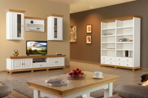 Set mobila living Bella Sun din lemn masiv, 5 piese alb unt /miere