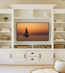 Biblioteca Harmony cu spatiu TV din lemn masiv si mdf alb, 326 x 38/48 x 220 cm - Img 3