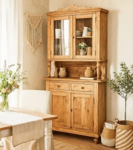 Bufet cu vitrina Artisan natur antichizat, 4 usi si 2 sertare, lemn masiv tei