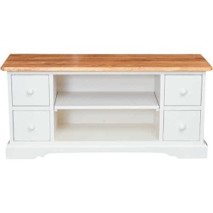 Comoda TV Artisan cu 4 sertare alb + natur antichizat, lemn masiv tei, 129 cm