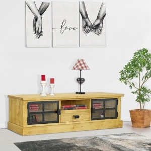 Comoda TV IronWood 200 cm, 2 usi si 1 sertar lemn masiv