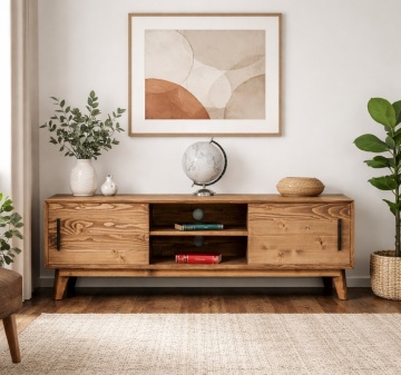Comoda TV Terra Home cu 2 usi culisante, lemn masiv, 146 x 40 x 48 cm