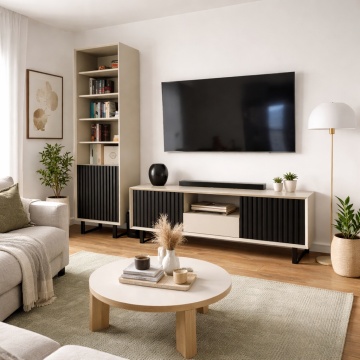 Set mobila de living Piannova din lemn masiv negru + mdf gri, 2 piese - Img 3