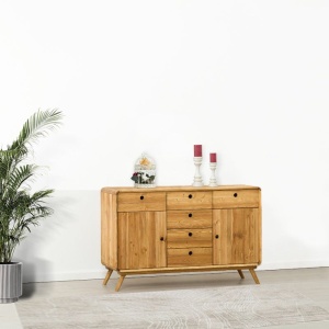 Bufet cu 2 usi si 6 sertare Skandi din Lemn masiv 133 x 45 x 85 cm