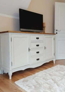 Bufet Shabby Artisan din lemn masiv tei cu 2 usi si 3 sertare alb + natur antichizat - Img 2