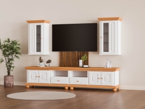Comoda TV Bella Duo lemn masiv alb unt / miere, 250 x 45 x 55 cm - Img 3