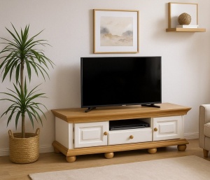 Comoda TV Bella Moon din lemn masiv alb unt /miere, 135 cm