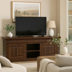 Comoda TV Espresso din lemn masiv tei, finisaj maro, 150 x 50 x 66 cm