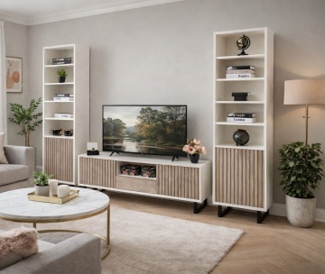 Set mobilier living Piannova din lemn masiv si mdf alb