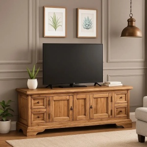 Comoda TV Artisan cu 2 usi si 4 sertare natur antichizat, lemn masiv tei