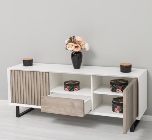 Comoda TV Piannova cu 2 usi si 1 sertar din lemn masiv si mdf alb, 160 x 40 x 60 cm - Img 2