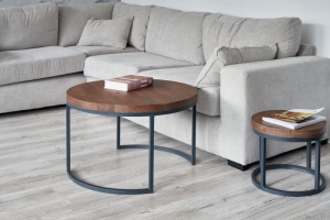 Set de 2 masute de cafea Delphi, lemn masiv stejar brown + metal negru - Img 2