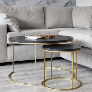 Set de 2 masute de cafea Delphi, mdf negru + metal auriu