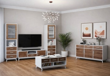 Set mobila living Nouvelle cu 5 piese, lemn masiv si mdf alb