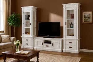 Set mobila living Retro Charm din lemn masiv alb, 3 piese mobilier