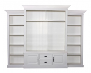Biblioteca cu spatiu TV Harmony din lemn masiv + mdf alb, 286 x 38/48 x 220 cm - Img 2