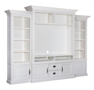 Biblioteca Harmony cu spatiu TV din lemn masiv si mdf alb, 286 cm