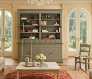 Biblioteca Retro Charm Duo cu scara lemn masiv, 205 x 50/40 x 220 cm