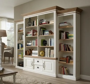 Biblioteca Stejar Harmony din 4 corpuri lemn masiv + mdf, 326 x 38/48 x 220 cm